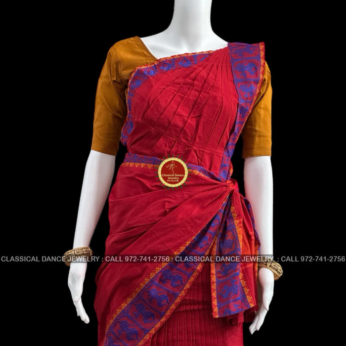 Classical Dance Jewelry RED Pre-stitched Practice Sari MUSTARD GOLD Blouse | Half Saree Kalakshethra Sari | Bharatnatyam Kuchipudi Folk | Classical Dance Jewelry