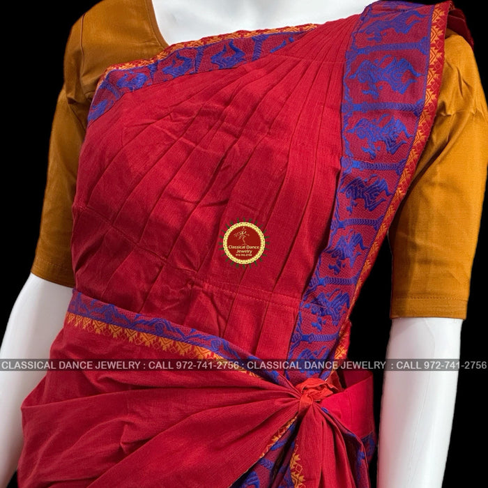 Classical Dance Jewelry RED Pre-stitched Practice Sari MUSTARD GOLD Blouse | Half Saree Kalakshethra Sari | Bharatnatyam Kuchipudi Folk | Classical Dance Jewelry