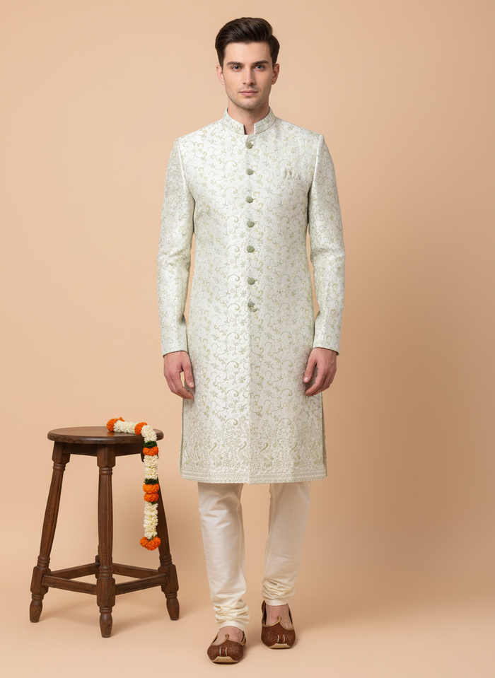 Regal Ivory Cream Jacquard Wedding Indo Western for Men | Mahavir NX