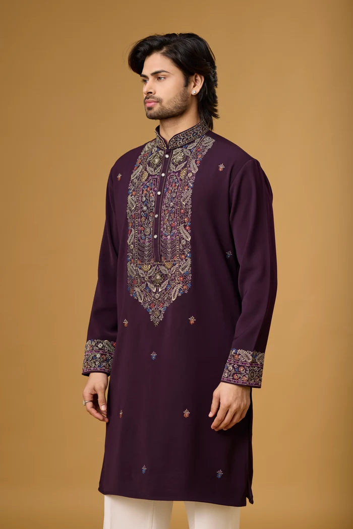 Heritage Ornamental Embroidered Plum Kurta – Festive Wear | Mahavir NX