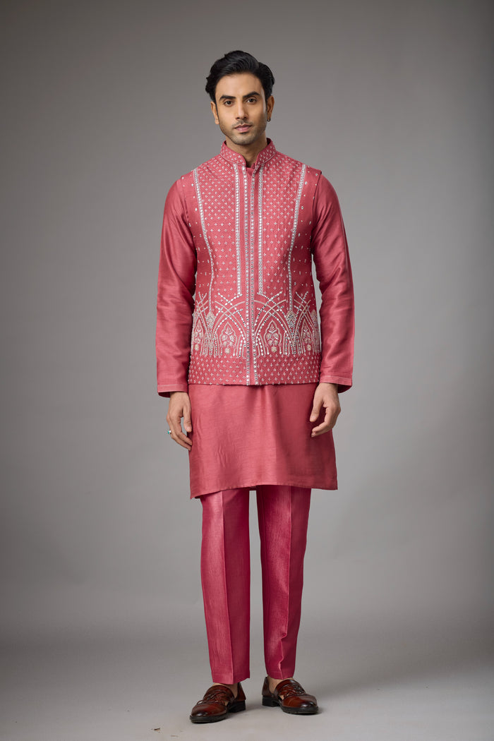 Regal Rose Pink geometric jacket kurta | Mahavir NX