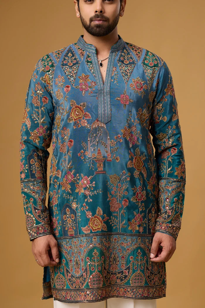 Designer Teal Floral Ethnic Kurta Set – Side View | Mahavir NX