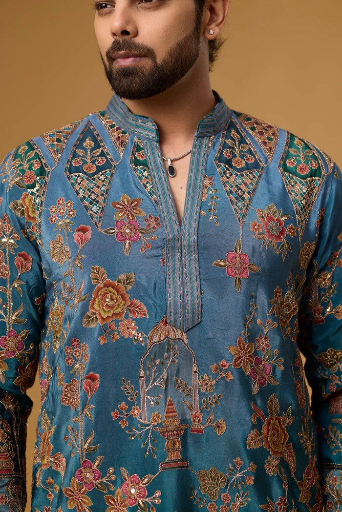 Premium Teal Heritage Kurta Set for Men – Party Wear | Mahavir NX