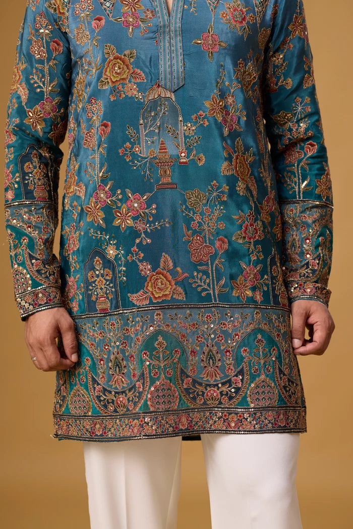 Regal Teal Floral Kurta Set – Full Length View | Mahavir NX