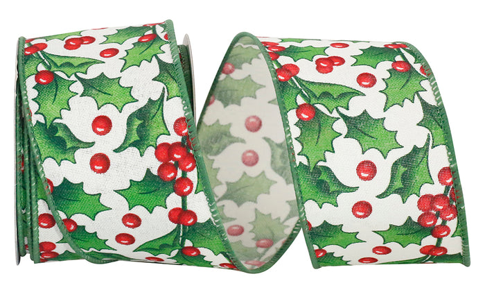 Reliant Ribbon Holly Berry Simplicity Linen Wired Edge Ribbon, 2-1/2 Inch X 10 Yards, White