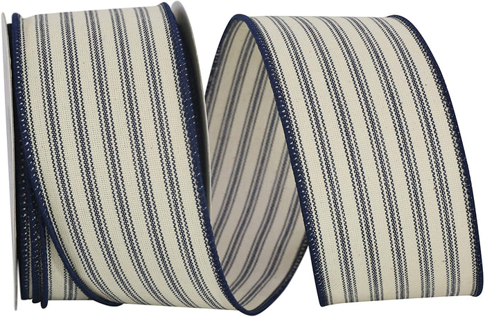 Reliant Ribbon Ticking Linen Stripe Wired Edge Ribbon, 2-1/2 Inch X 10 Yards, Navy