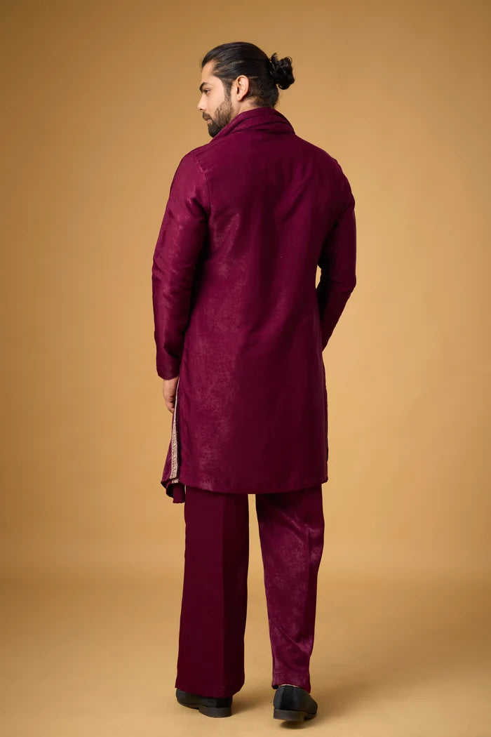 Regal Burgundy Kurta Pajama Set with Stole – Front View | Mahavir NX