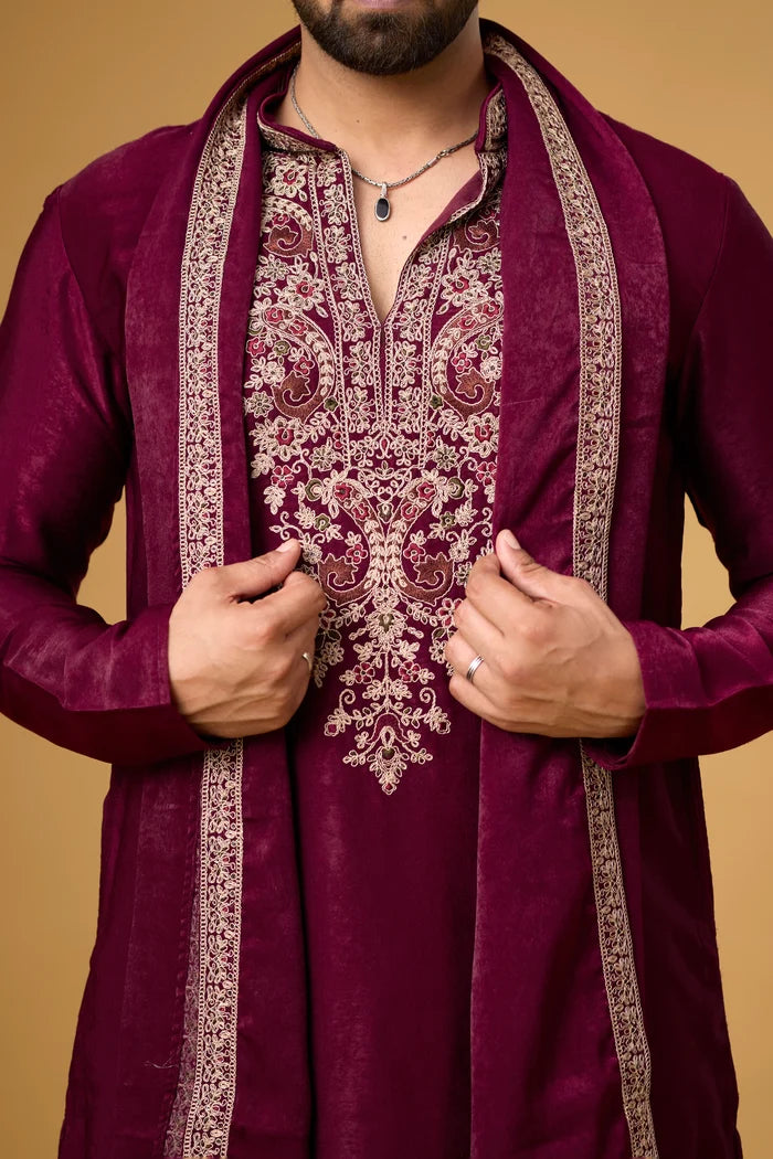 Designer Maroon Ethnic Kurta Set with Stole – Side View | Mahavir NX