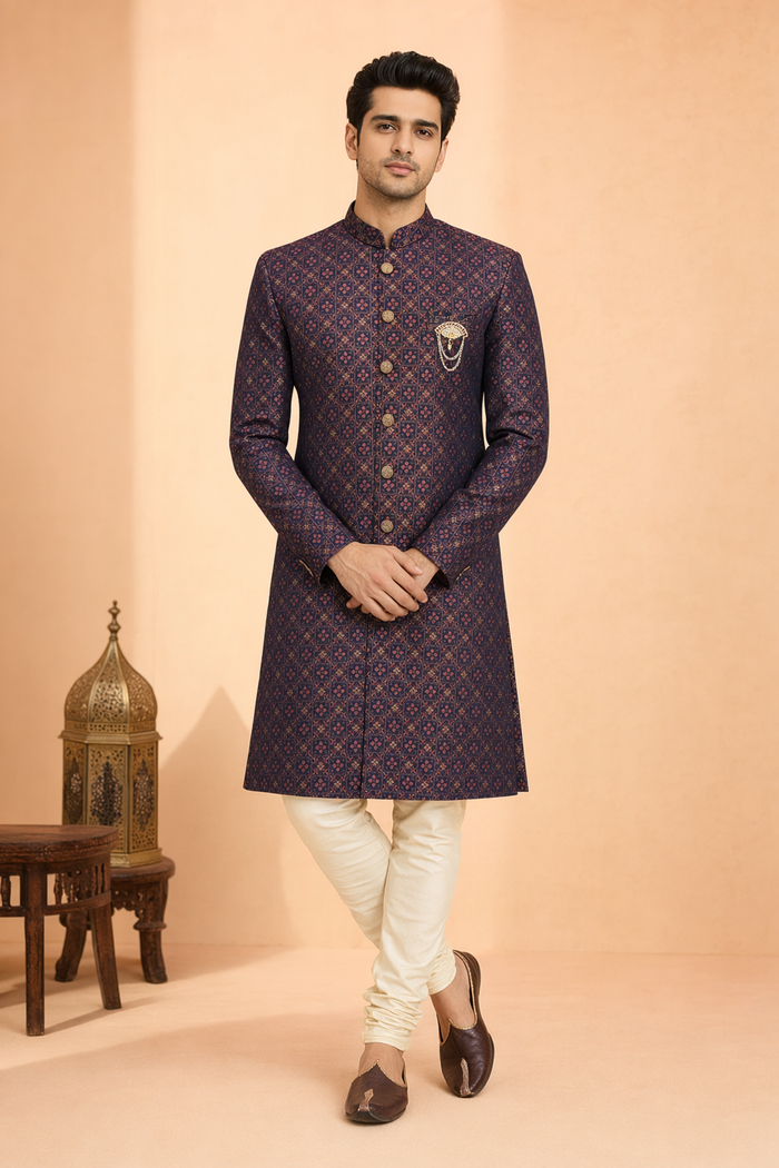 Royal Midnight Heritage Printed Indo Western for Men | Mahavir NX