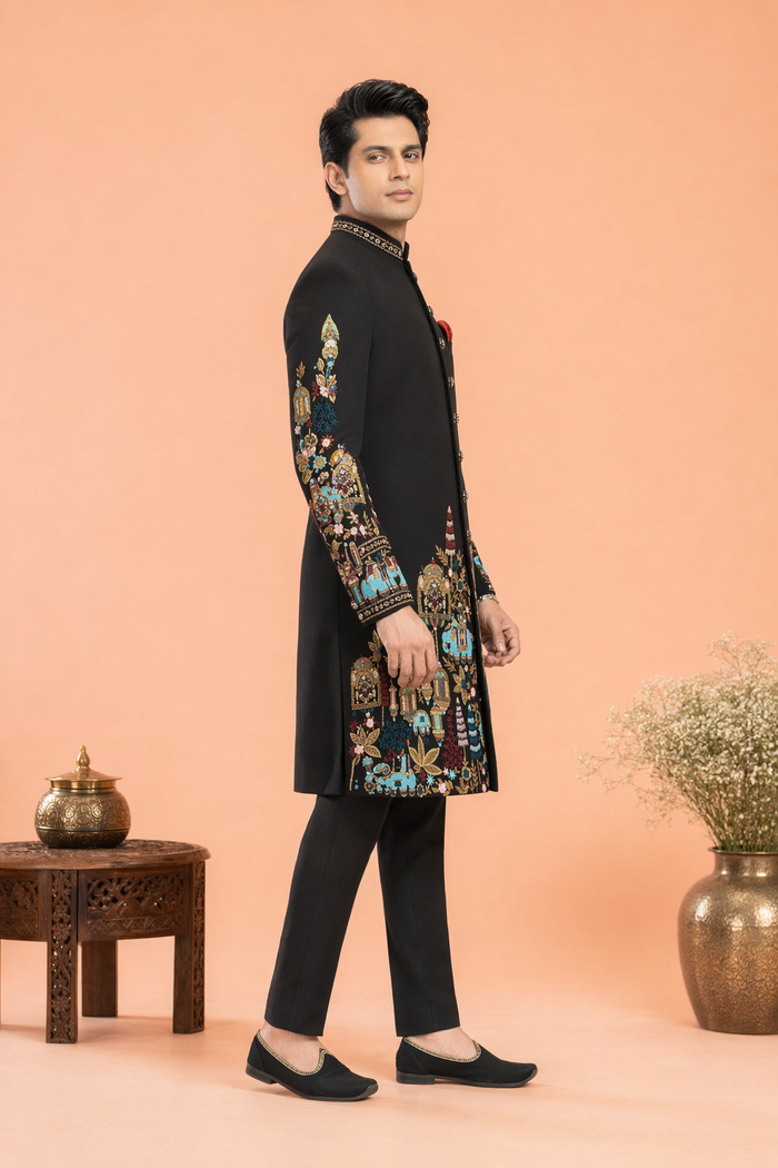 Royal Noir Elephant Embroidered Indo Western for Men | Mahavir NX