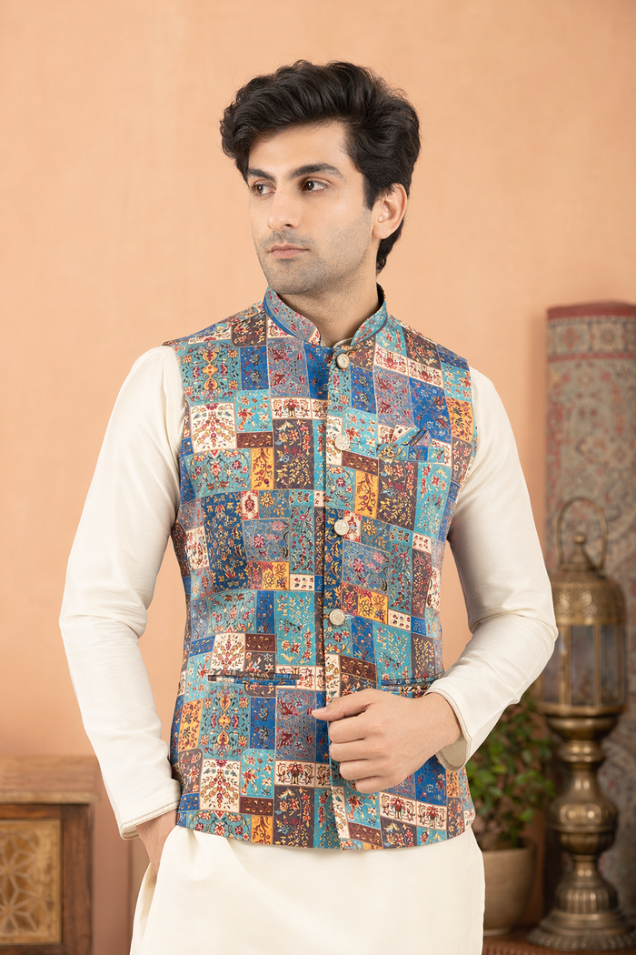 Sapphire Blue Printed Nehru Koti for Men – Wedding Wear | Mahavir NX