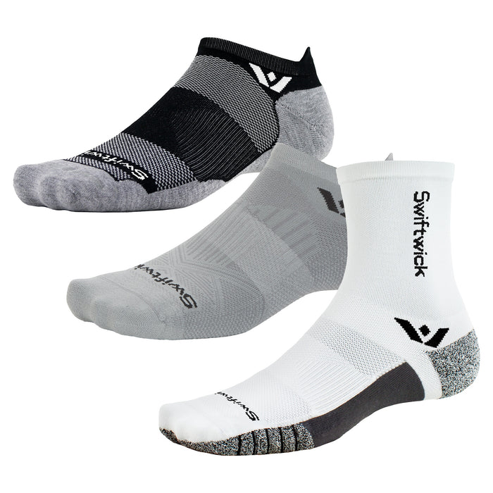 Three Swiftwick socks on a white background.