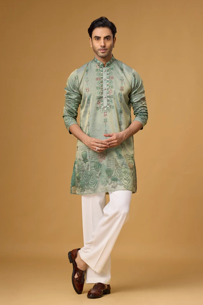 Green Botanical Kurta for Men – Festive Ethnic Wear | Mahavir NX