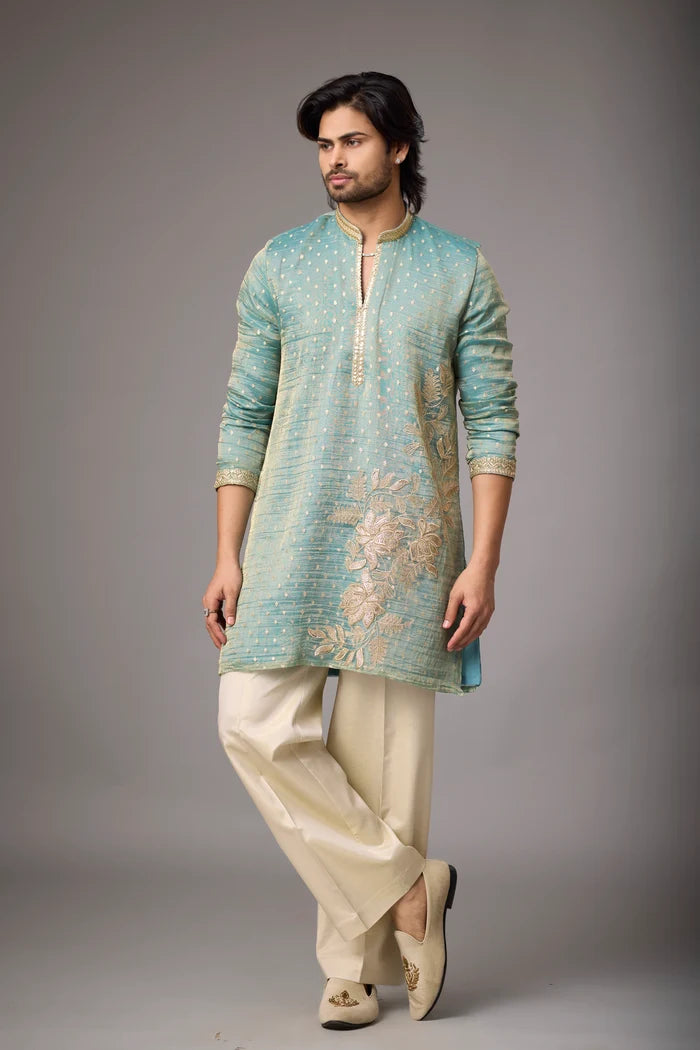 Floral Embroidered Kurta Set for Men Online – Diagonal Artwork | Mahavir NX