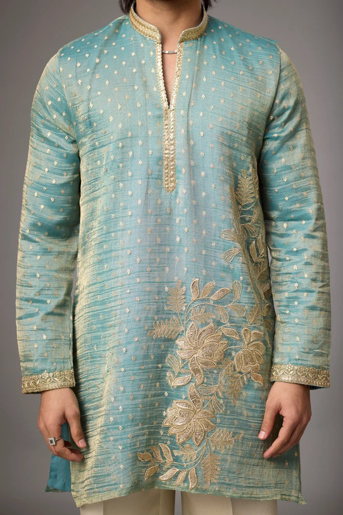 Affordable Teal Embroidered Ethnic Kurta – Side View | Mahavir NX