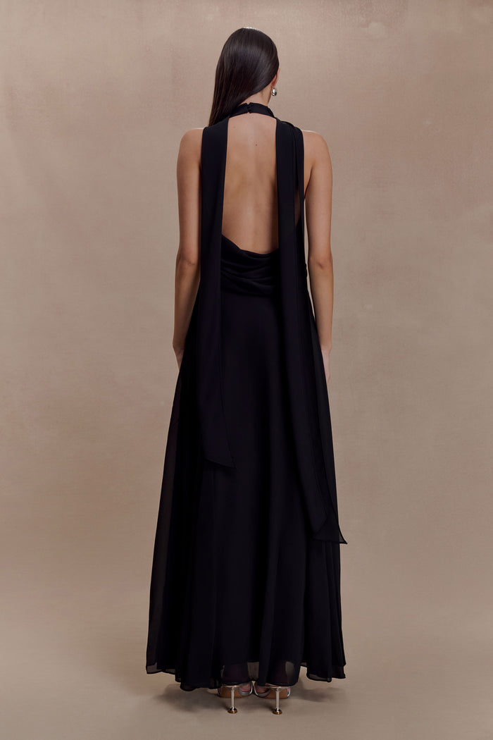 Santal Floral Chiffon Halter Maxi Dress - Black