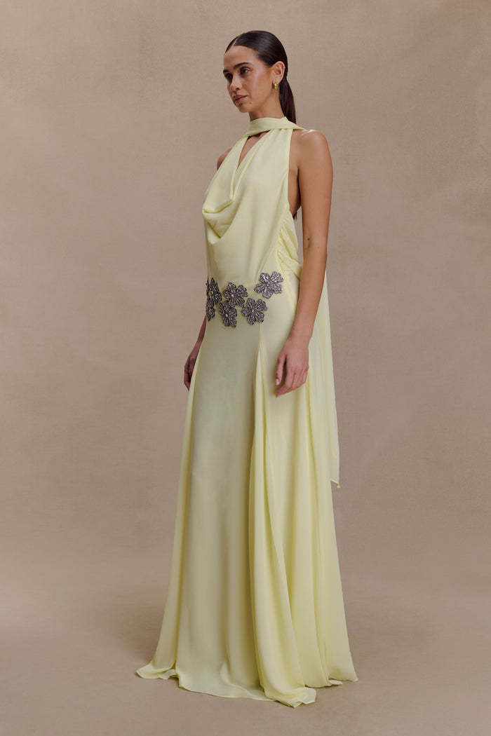 Santal Floral Chiffon Halter Maxi Dress - Lemon