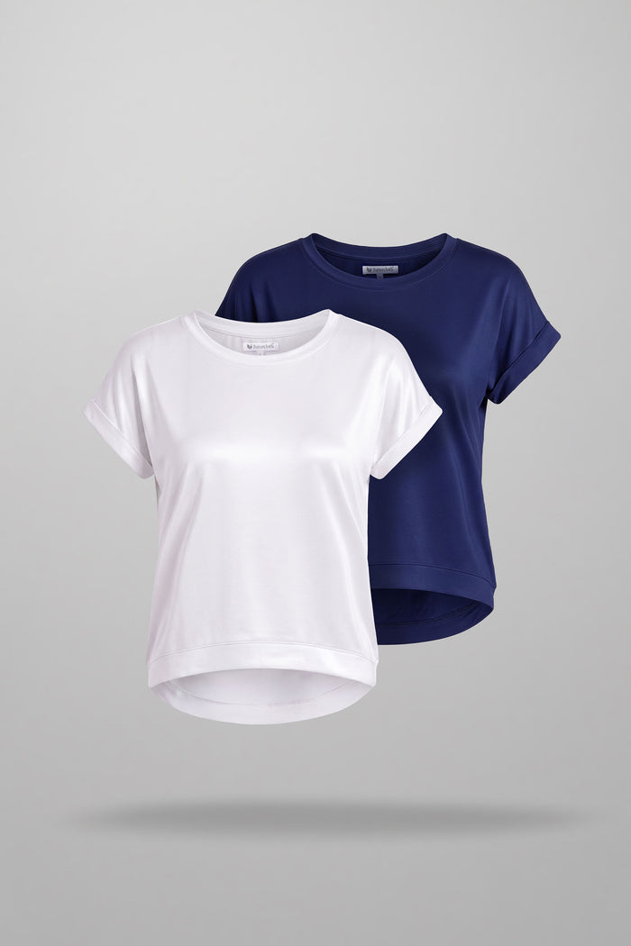 Model of Savanna Whisper White Deep Sea Blue Icy Bamboo® crew neck short sleeve t-shirt bundle 2-Pack