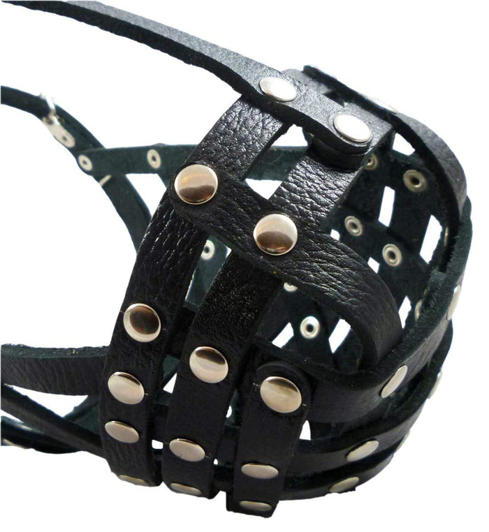 Secure Leather Mesh Basket Dog Muzzle #14 Black - Boxer, English Bulldog (Circumf. 13", Snout 3")