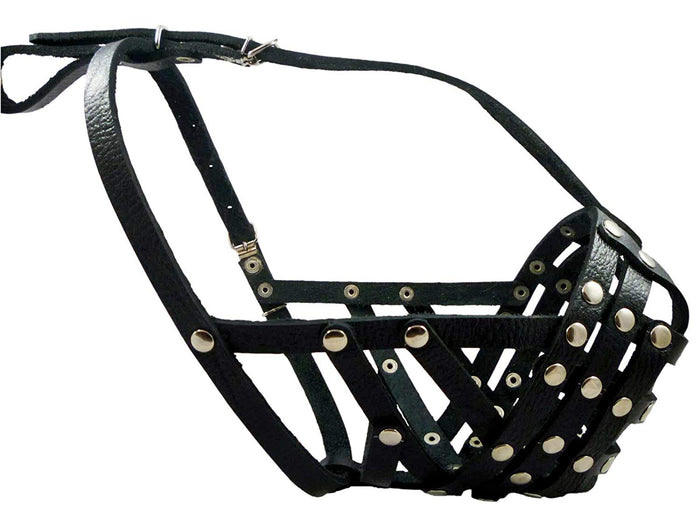 Secure Leather Mesh Basket Dog Muzzle #14 Black - Boxer, English Bulldog (Circumf. 13", Snout 3")