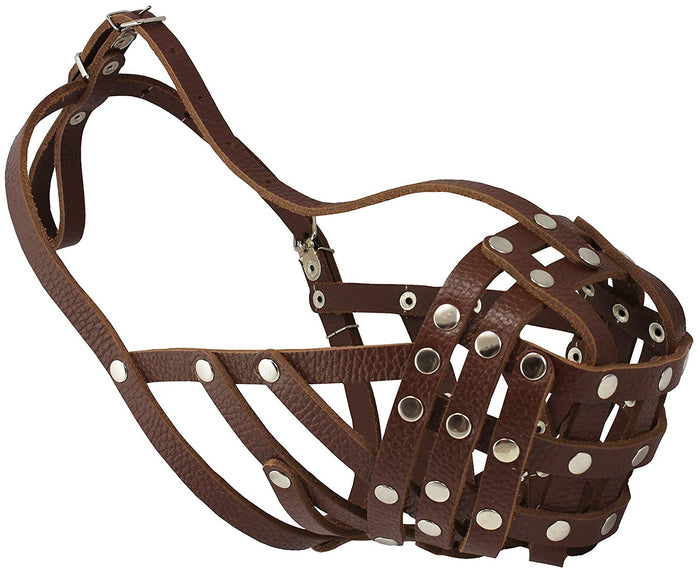 Secure Leather Mesh Basket Dog Muzzle #14 Brown - Boxer, English Bulldog (Circumf 13", Snout 3")