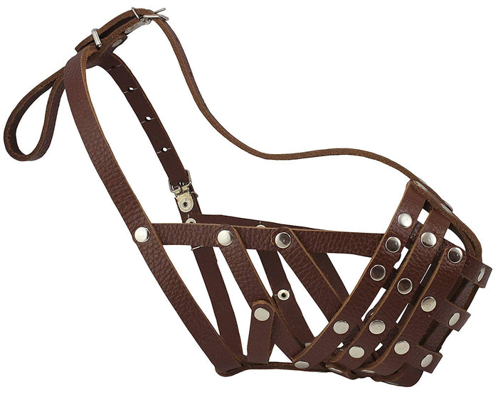 Secure Leather Mesh Basket Dog Muzzle #14 Brown - Boxer, English Bulldog (Circumf 13", Snout 3")