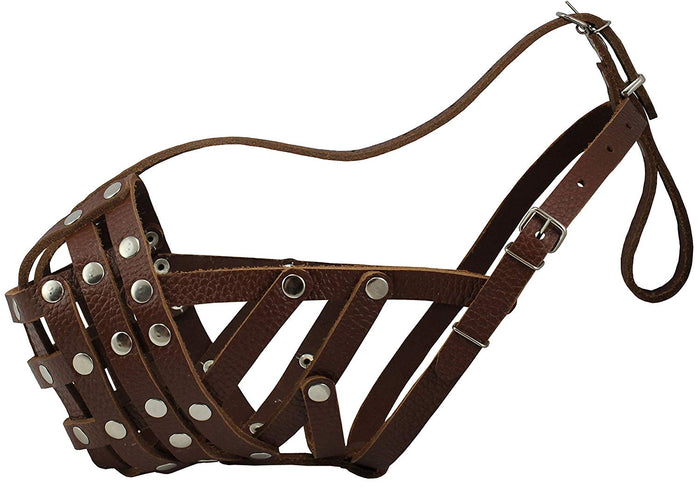 Secure Leather Mesh Basket Dog Muzzle #14 Brown - Boxer, English Bulldog (Circumf 13", Snout 3")
