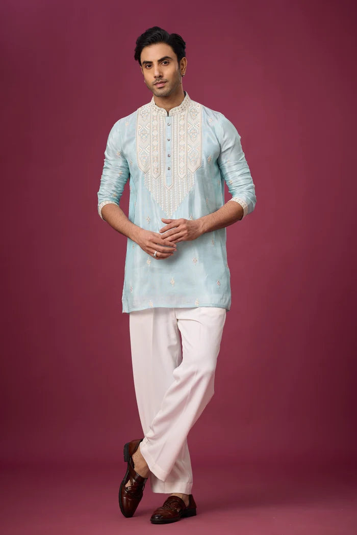 Trending Kurta for Men Online – Aqua Mandarin Collar Heritage Set | Mahavir NX