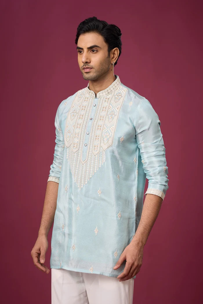 Geometric Panel Aqua Kurta Set – Daytime & Wedding Ethnic Wear | Mahavir NX
