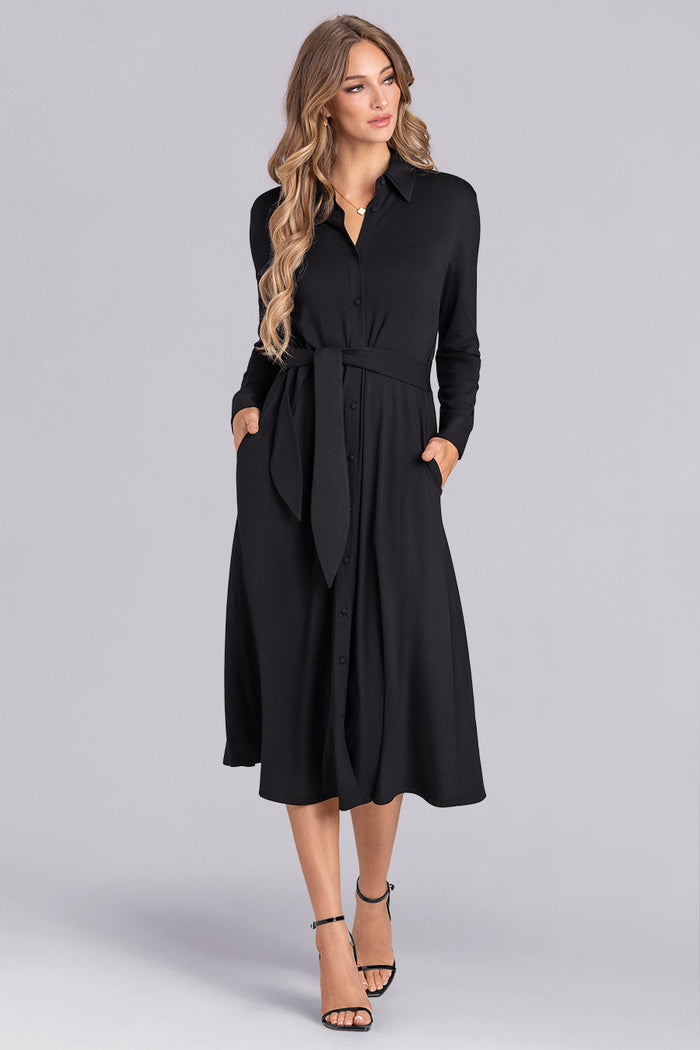 Model wearing Serenity Black Icy Bamboo® long sleeve shirt dress