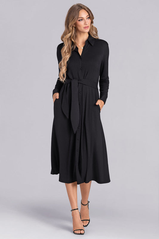 Model wearing Serenity Black Icy Bamboo® long sleeve shirt dress