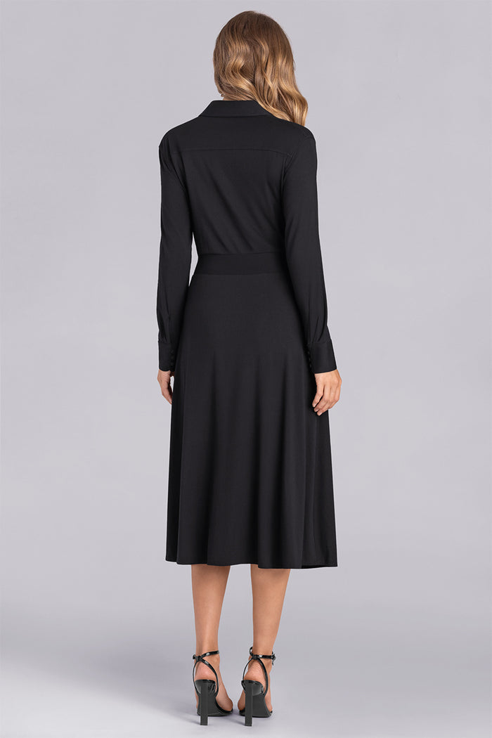 Model wearing Serenity Black Icy Bamboo® long sleeve shirt dress