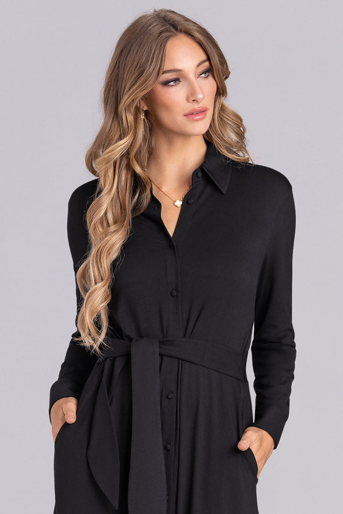 Model wearing Serenity Black Icy Bamboo® long sleeve shirt dress
