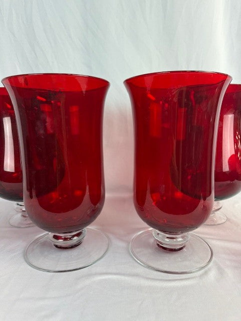 Set of 5 Ruby Red Hurricane Cut Glass Vases