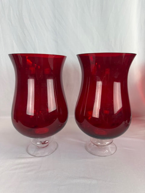 Set of 5 Ruby Red Hurricane Cut Glass Vases