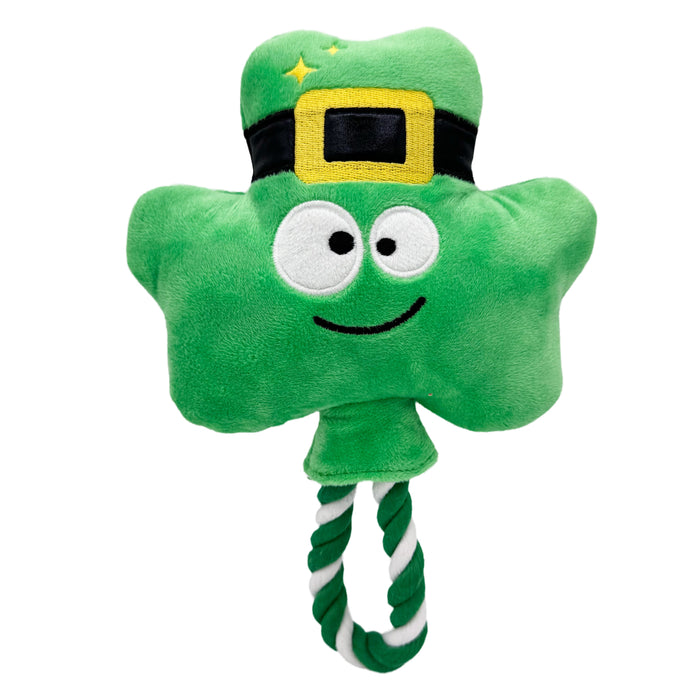 Dog with Shamrock Lollipop Dog Toy on a white background.