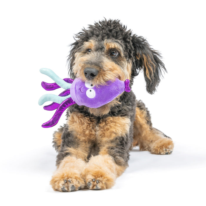 Dog holding a purple squid plush toy featuring Slappies® Squiggly Squid.