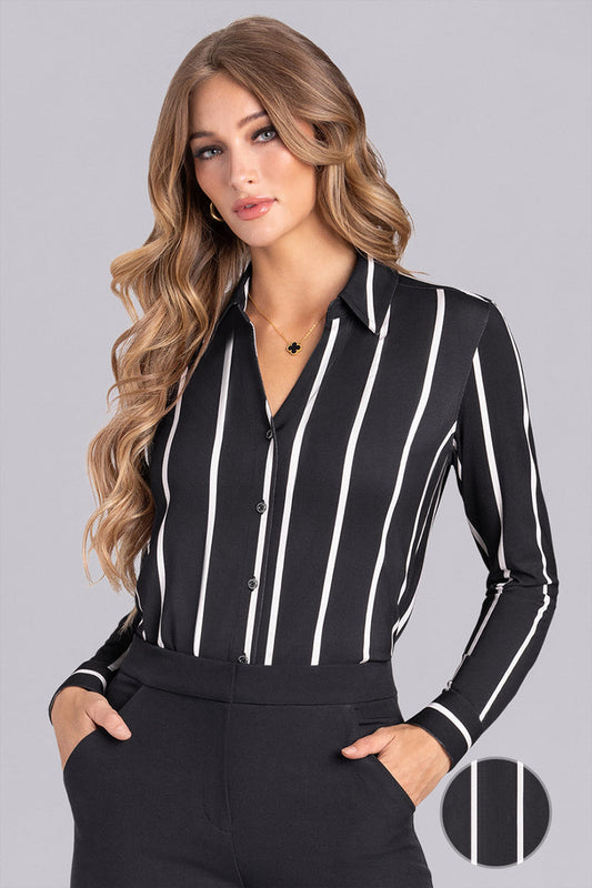 Model wearing Sophistication Black Champagne Icy Bamboo® long sleeve button shirt styled with black pants