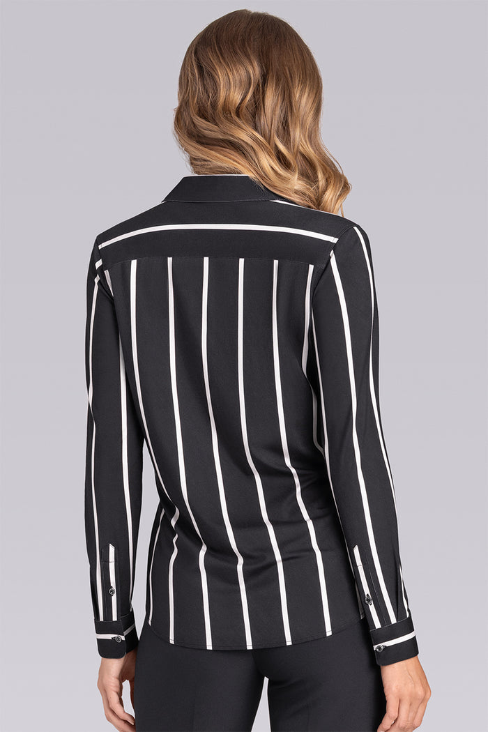 Model wearing Sophistication Black Champagne Icy Bamboo® long sleeve button shirt styled with black pants