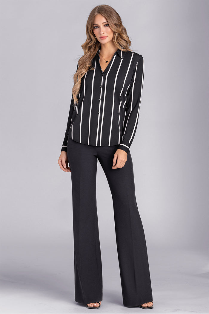 Model wearing Sophistication Black Champagne Icy Bamboo® long sleeve button shirt styled with black pants