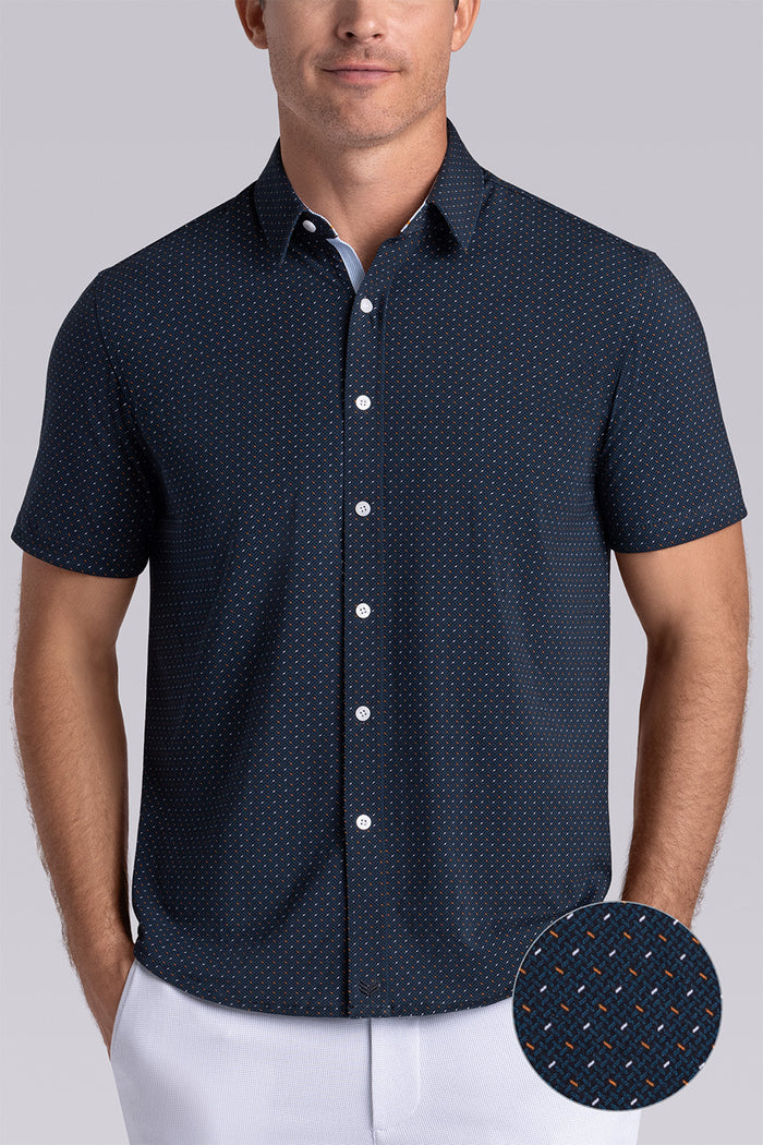 Model wearing Spark Monaco Blue Icy Cotton® short sleeve classic collar shirt, styled with white shorts