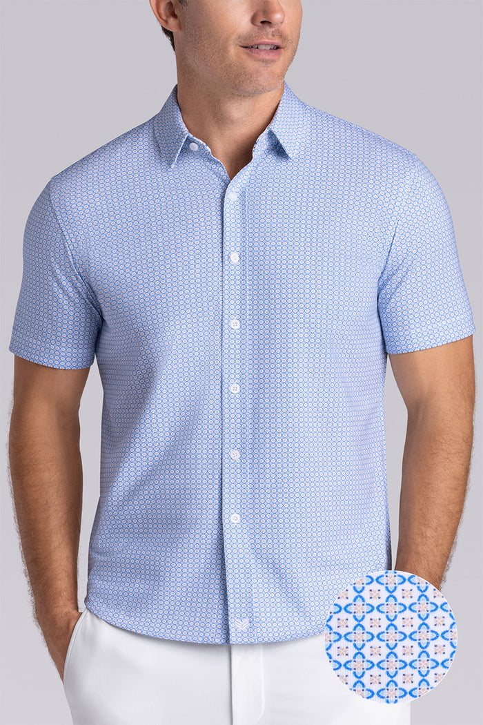Model wearing Spectrum Light Blue Icy Cotton® short sleeve classic collar shirt, styled with white shorts