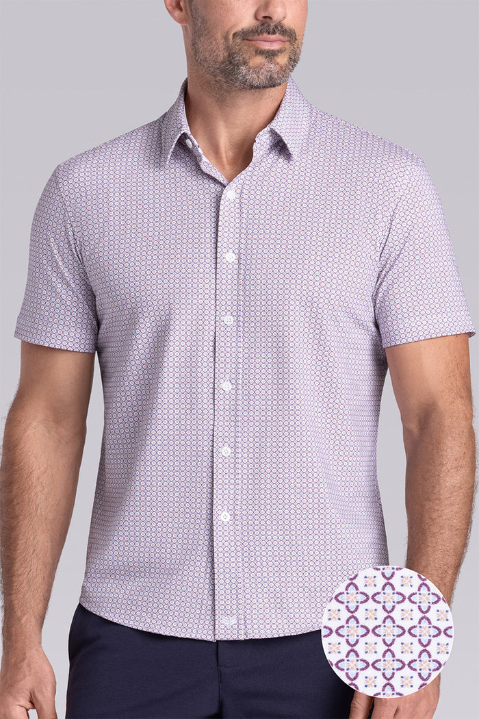 Model wearing Spectrum White Plum Icy Cotton® short sleeve classic collar shirt, styled with navy shorts