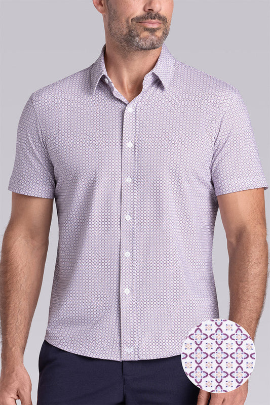 Model wearing Spectrum White Plum Icy Cotton® short sleeve classic collar shirt, styled with navy shorts