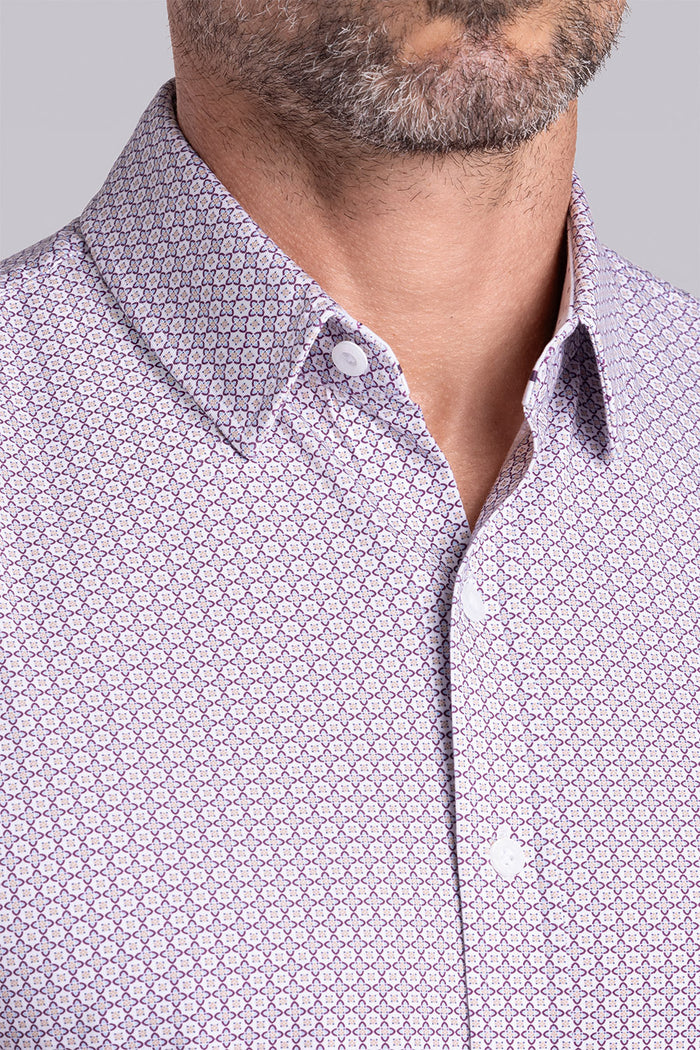 Model wearing Spectrum White Plum Icy Cotton® short sleeve classic collar shirt, styled with navy shorts