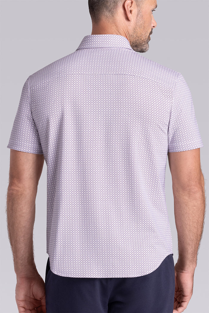 Model wearing Spectrum White Plum Icy Cotton® short sleeve classic collar shirt, styled with navy shorts