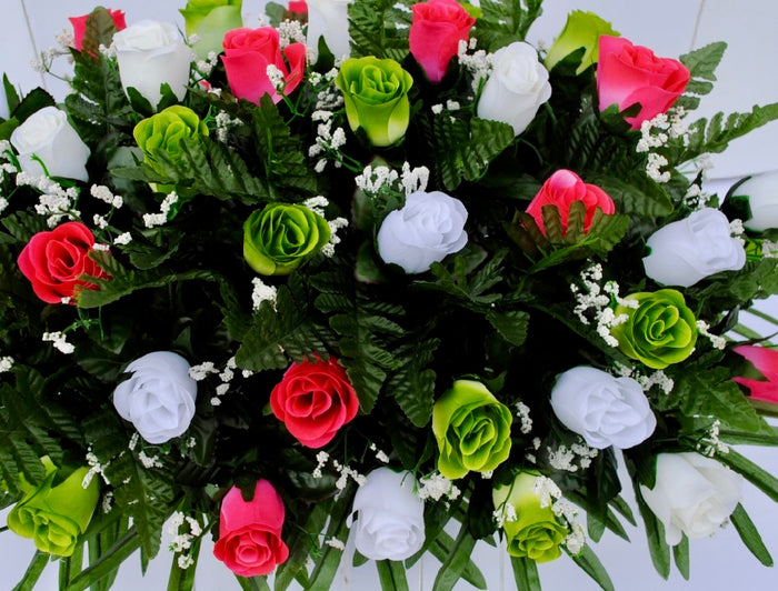 Spring Cemetery Flowers for Headstone and Grave Decoration-Pink Green and White Rose Mix Saddle