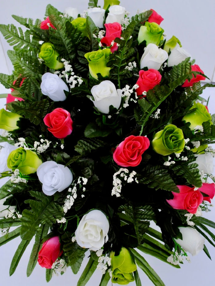 Spring Cemetery Flowers for Headstone and Grave Decoration-Pink Green and White Rose Mix Saddle