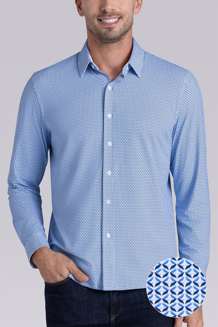 Model wearing Spry Ocean Blue long sleeve shirt with built in classic collar with geometric print, styled with jeans pants.