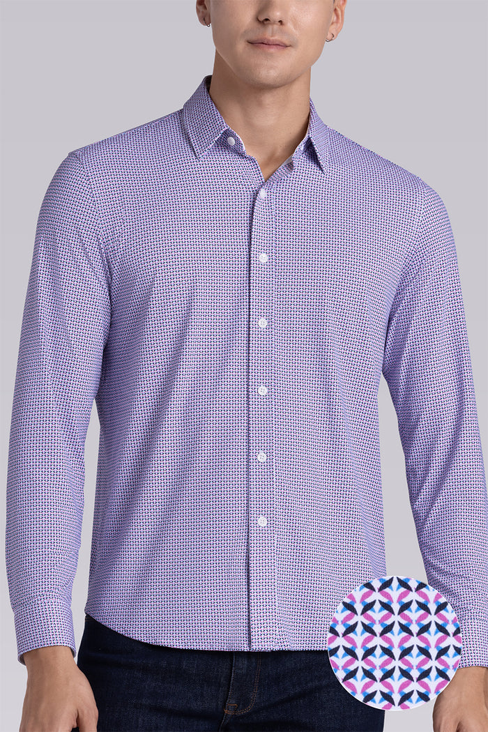 Model wearing Spry Pink long sleeve shirt with built in classic collar with geometric print, styled with jeans pants.